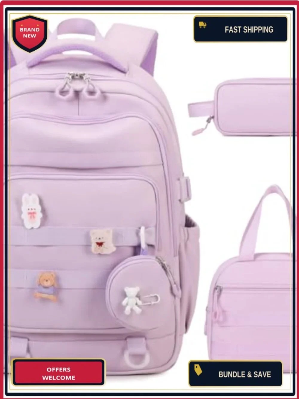 Girls Backpack Set with Lunch Bag Pencil Pouch Waterproof Nylon Laptop Bookbag
